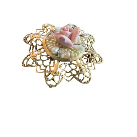 Vintage Brooch Gold Tone Filagree Ceramic 3D Bisque Porcelain Flower Faux Pearls - Picture 9 of 9
